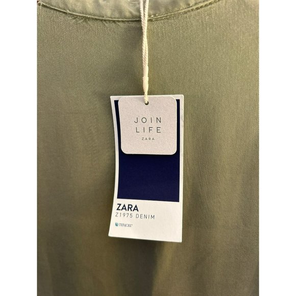 Zara Women's Army Green Tencel Denim Dress XS Beaded Accent Adjustable Sleeve - Picture 4 of 6